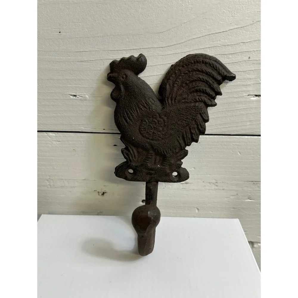 Vintage Style Cast Iron Rooster Wall Hooks Farmhouse Decor Brown Set of 3